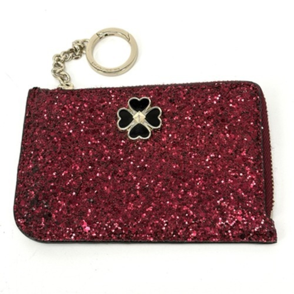 Kate Spade Glitter Card Holder Key Chain 4 Leaf Clover L-Zip Wallet Red Odette